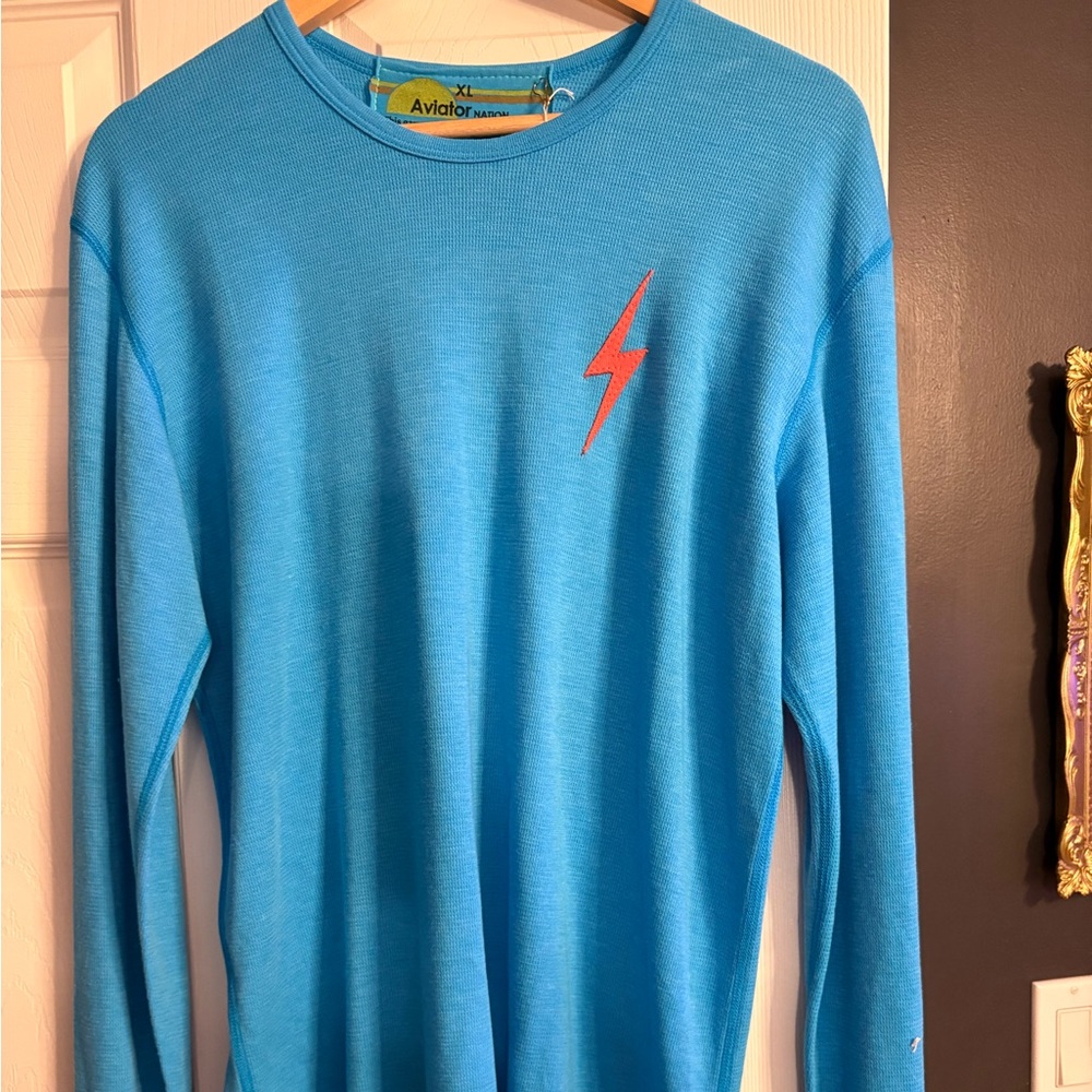 Aviator Nation thermal Blue Long Sleeve Shirt with Lightning Bolt